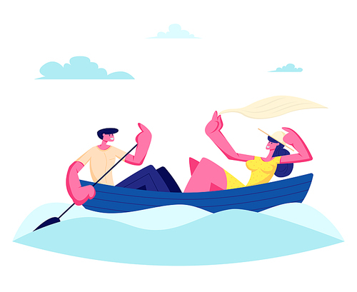 Young Happy Couple of Man and Woman Floating Boat at Water Surface. Male Character Rowing with Paddle, Girl Holding Shawl. Summertime Vacation, Loving People Sparetime Cartoon Flat Vector Illustration