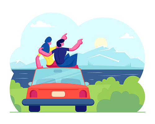Happy Loving Couple Travel Together. Man and Woman Sitting on Roof of Car Hugging and Looking on Sunset or Sunrise at Seascape Landscape View. Vacation Escape, Trip. Cartoon Flat Vector Illustration