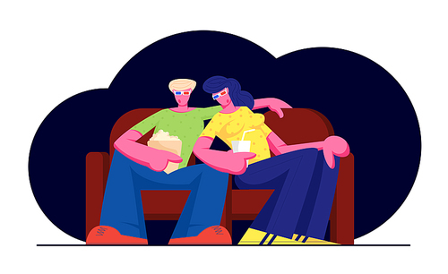 Young Loving Couple Watch Movie in Cinema with Popcorn and Beverages. Characters in 3d Glasses Sitting on Couch on Weekend Evening. Love, Leisure, Sparetime, Day Off. Cartoon Flat Vector Illustration