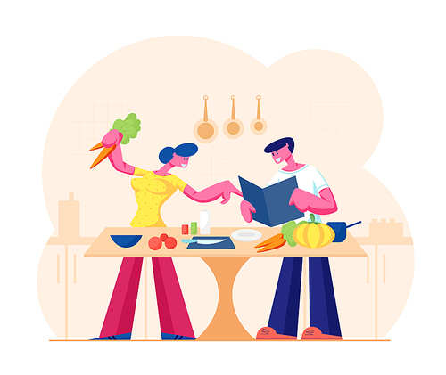 Young Loving Couple Cooking Together on Kitchen. Family Prepare Dinner with Fresh Products on Table. Every Day Routine, Love, Human Relations, Romantic Evening Meal. Cartoon Flat Vector Illustration