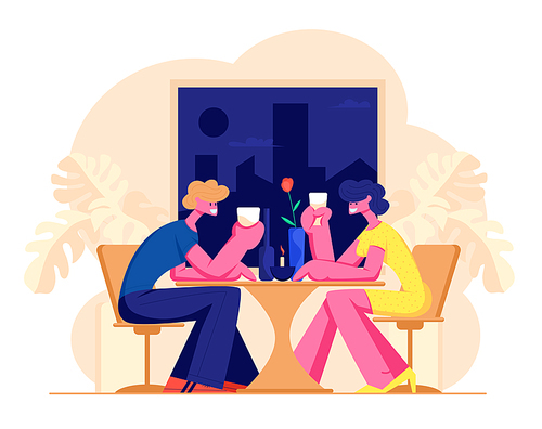 Happy Loving Couple of Male and Female Characters Dating in Restaurant. Declaration of Love, Young Man and Woman Holding Glasses in Hands. Romantic Relations, Meeting Cartoon Flat Vector Illustration