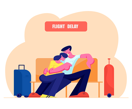 Young Couple Sleeping Hugging on Bench with Luggage Bags Stand nearby in Airport Waiting Area, Flight Delay, People Waiting for Airplane Boarding, Traveling Passengers Cartoon Flat Vector Illustration