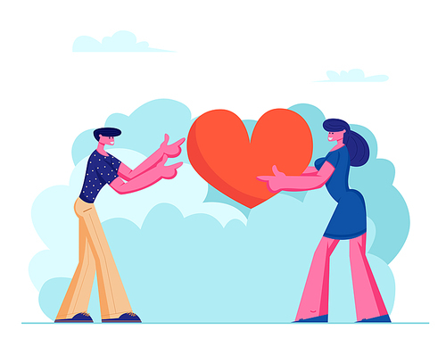 Loving Couple Share Huge Red Heart to Each Other. Human Relations, Love, Romantic Dating. Male and Female Character Spending Time Together Outdoors, Newlywed Couple Cartoon Flat Vector Illustration