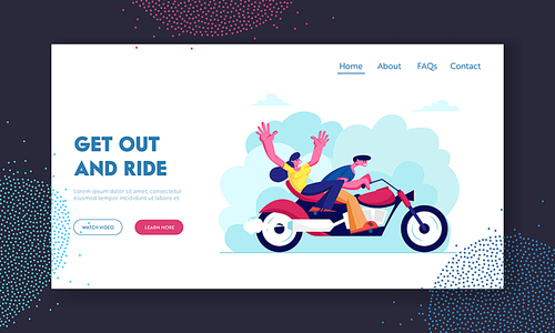 Young Loving Couple Riding Motorbike Website Landing Page. Girl and Man Having Vacation Sparetime Summer Time Weather, Leisure Romantic Journey Love Web Page. Cartoon Flat Vector Illustration, Banner