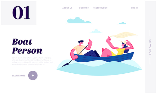 Young Happy Couple Floating Boat. Man Rowing Water with Paddle, Girl Hold Shawl. Summertime Vacation, Loving People Sparetime Website Landing Page, Web Page. Cartoon Flat Vector Illustration, Banner