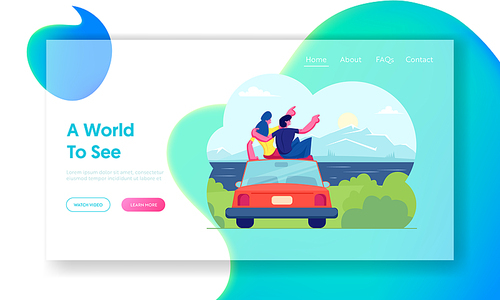 Happy Loving Couple Travel Together Website Landing Page. Man and Woman Sitting on Roof of Car Hugging and Looking on Sunset or Sunrise at Seascape Web Page Banner. Cartoon Flat Vector Illustration