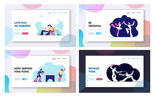 Happy Couples Sports, Dating Activity Website Landing Page Set, Male and Female Characters Fencing, Playing Ping Pong, Dancing in Ballet Studio Web Page. Cartoon Flat Vector Illustration, Banner