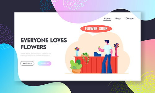 Young Man Stand at Counter Desk in Flower Shop Website Landing Page, Customer Visiting Floristic Store for Choosing Buying Bouquet, Florist Workplace Web Page. Cartoon Flat Vector Illustration, Banner