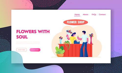 Young Man Buying Bouquet in Flower Shop Website Landing Page, Saleswoman Giving Blossoms to Customer Visiting Floristic Store , Florist Profession, Web Page. Cartoon Flat Vector Illustration, Banner