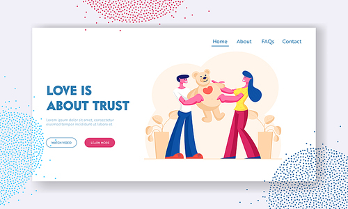 Man and Woman in Love Relation Website Landing Page. Loving Boyfriend Presenting Huge Gift Teddy Bear to Girlfriend on Happy Valentine Day or Birthday Web Page Banner. Cartoon Flat Vector Illustration