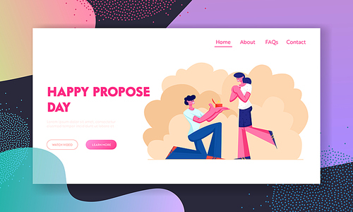 Engagement Website Landing Page, Young Man Stand on Knee with Ring in Hand Making Offer to Woman Asking her Marry him, Human Relations, Loving Couple Web Page. Cartoon Flat Vector Illustration, Banner