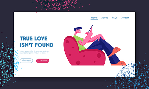 Love and Relations in Internet Website Landing Page. Young Man Sitting on Armchair Communicating with Girl in Social Media Networks or Dating Site Web Page Banner. Cartoon Flat Vector Illustration