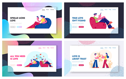 Virtual and Live Loving Relations, Communication Website Landing Page Set. Man and Woman Texting Messaging via Internet, Boy Giving Teddy Bear to Girl Web Page Banner. Cartoon Flat Vector Illustration