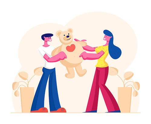 Loving Boyfriend Presenting Huge Gift Teddy Bear to Girlfriend on Happy Valentine Day, Birthday or any Holiday. Man and Woman in Relations. Happiness Surprise Love Cartoon Flat Vector Illustration