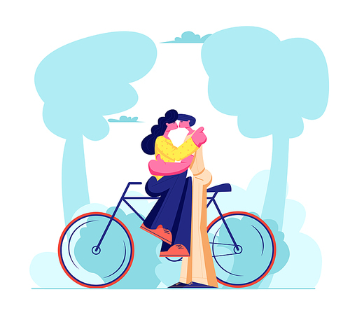 Young Loving Couple Sitting on Bicycle and Kissing Outdoors. Romantic Human Relations, Love Story, Newlywed Family in Honeymoon Traveling Adventure, Passion, Emotions. Cartoon Flat Vector Illustration