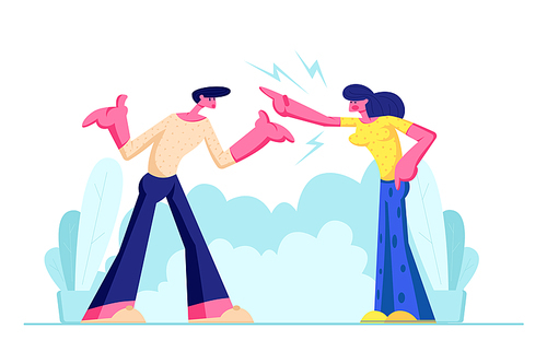 Young Family Quarrel and Swear Outdoors. Aggressive Man and Woman Yell on each other. Scandal between Husband and Wife. Love, Human Relations, Angry People Fighting. Cartoon Flat Vector Illustration