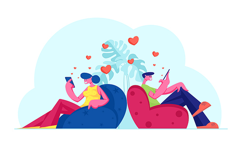 Young Couple Friends or Lovers Communicating by Smartphones, Man and Woman Using Gadget for Chatting, Texting Messages Each Other via Internet, Social Media Networking Cartoon Flat Vector Illustration