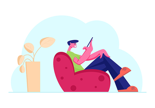 Young Smiling Male Character Sitting on Armchair Communicating with Girl in Social Media Networks, Visiting Female User Profiles, Giving Likes and Comments in Account. Cartoon Flat Vector Illustration