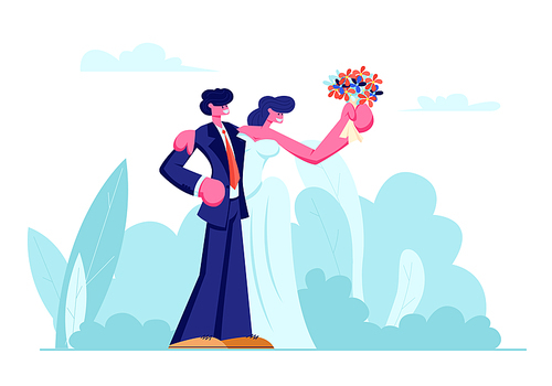 Happy Newlywed Young Loving Couple of Bride in White Dress with Bouquet and Groom in Suit Outdoors Wedding. Happy Bridal Characters of Man and Woman Hugging and Posing Cartoon Flat Vector Illustration
