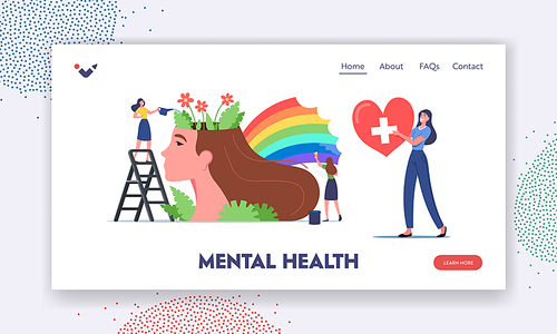 Mental Health Landing Page Template. Tiny Women Characters Watering Flowers and Painting Rainbow at Huge Female Head. Support, Healthy Mind, Positive Thinking. Cartoon People Vector Illustration