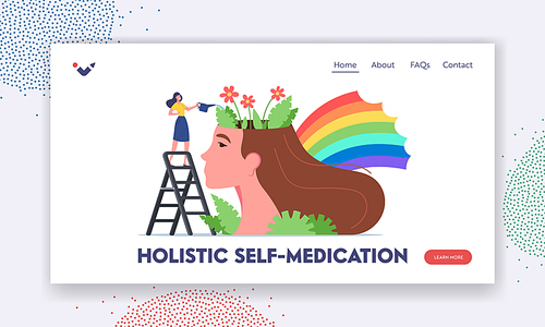 Holistic Self Medication Landing Page Template. Mental Health, Psychology, Healthy Mind, Positive Thinking. Tiny Woman Character Watering Flowers at Huge Female Head. Cartoon Vector Illustration
