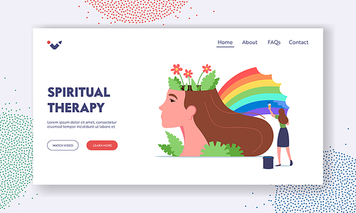 Spiritual Therapy Landing Page Template. Mental Health, Wellness. Tiny Woman Character Painting Rainbow at Huge Female Head. Psychological Support, Healthy Mind. Cartoon People Vector Illustration