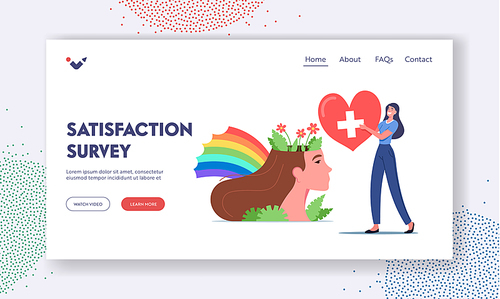 Satisfaction Survey Landing Page Template. Mental Health and Mind Balance.Tiny Female Character Carry Red Heart near Huge Woman Head with Flowers and Rainbow. Cartoon People Vector Illustration