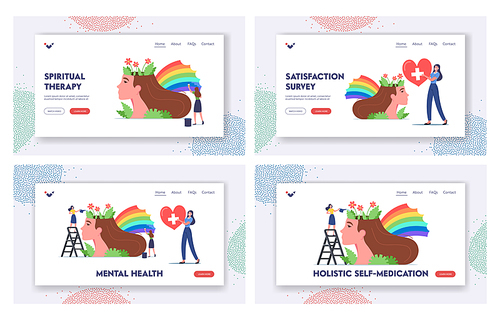 Mental Health Landing Page Template Set. Tiny Women Characters Watering Flowers and Painting Rainbow at Huge Female Head. Support, Healthy Mind, Positive Thinking. Cartoon People Vector Illustration