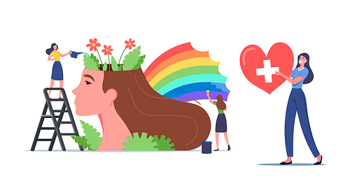 Mental Health Concept. Tiny Women Characters Watering Flowers and Painting Rainbow at Huge Female Head. Psychological Support, Healthy Mind, Positive Thinking. Cartoon People Vector Illustration