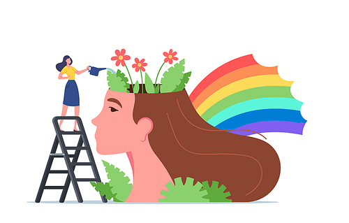 Mental Health, Psychological Support, Healthy Mind, Positive Thinking. Tiny Woman Character Stand on Ladder Watering Flowers at Huge Female Head with Colorful Rainbow. Cartoon Vector Illustration