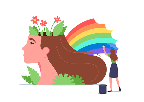 Mental Health, Wellness, Brain Treatment Concept. Tiny Woman Character Painting Rainbow at Huge Female Head. Psychological Support, Healthy Mind, Positive Thinking. Cartoon People Vector Illustration