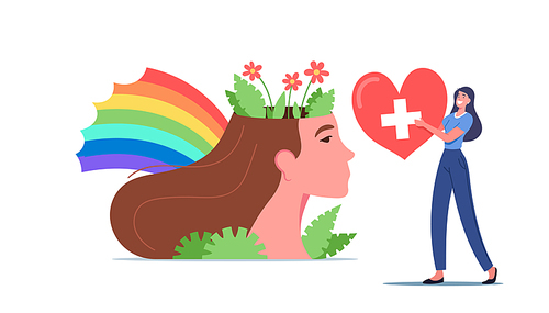 Mental Health and Mind Balance Concept with Tiny Female Character Carry Red Heart with Cross near Huge Woman Head with Blooming Flowers and Colorful Rainbow. Cartoon People Vector Illustration