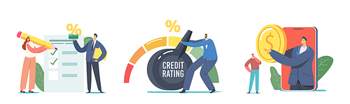 Set Credit Score Rating Based on Debt Reports Showing Creditworthiness or Risk of Individuals for Loan, Mortgage and Payment. Bank Evaluate Characters for Credit. Cartoon People Vector Illustration
