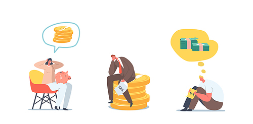 Set Problems with Money. Upset Businessman and Businesswoman with No Money, Bankrupt. Frustrated, Disappointed Characters with Empty Piggy Bank, Financial Crisis. Cartoon People Vector Illustration