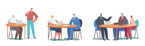 Set Work with Customers Concept. Office Managers or Clerks Sitting at Desk Communicate with Clients Characters Offering Services, Consumerism, Assistance, Support. Cartoon People Vector Illustration