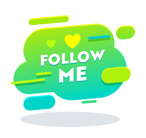 Follow Me Banner in Memphis Style with Typography, Heart, Green Color Button, Counter Notification, Social Media Logo, Image, Symbol, Sign, Ui Background, Account Tag. Cartoon Flat Vector Illustration
