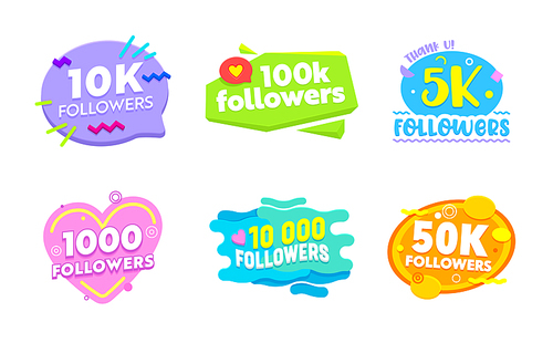 Set of Social Media Templates and Elements. Banners and Decoration for Internet Networks. 1k, 5k, 10k, 50k, 100k Followers Thank You Congratulation Post, Sticker, Icon Cartoon Flat Vector Illustration