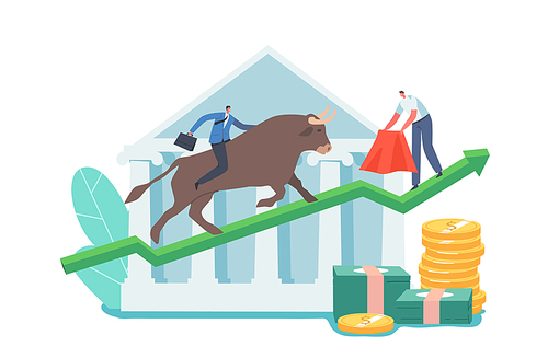 Trader Character Investment, Bullish Stock Market Trading. Businessman Bullfighter with Red Cloak in Hands Stand on Rising Arrow Graph Tease Bull with Rider on Back. Cartoon People Vector Illustration