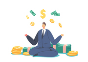 Wealth or Prosperity Concept. Rich Male Character Meditate near Piles of Golden Coins and Bills. Successful Businessman Millionaire or Multimillionaire Enjoying with Money. Cartoon Vector Illustration