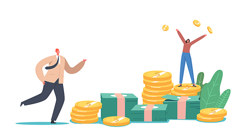 Business Growth, Wealth and Prosperity Concept. Rich Business People Characters Jump on Pile of Golden Coins and Bills Throw Dollars in Air. Successful Millionaires. Cartoon Vector Illustration