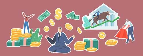 Set of Stickers Bull Market Trading Theme. Characters with Money, Businessman Meditating on Golden Coins and Bills. Bullfighter with Red Cloak in Hands Tease Bull. Cartoon People Vector Illustration