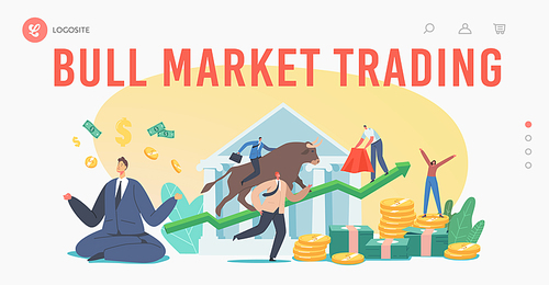 People Trading on Bull Stock Market Landing Page Template. Brokers or Traders Characters Analyse Global Fond and Finance News for Buying and Selling Bonds on Rising Price. Cartoon Vector Illustration
