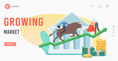 Growing Market Landing Page Template. Trader Character Investment, Bullish Stock Trading. Businessman Bullfighter with Red Cloak Stand on Rising Graph Tease Bull. Cartoon People Vector Illustration