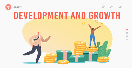 Development, Business Growth, Wealth and Prosperity Landing Page Template. Rich Business People Characters Jump on Pile of Golden Coins and Bills Throw Dollars in Air. Cartoon Vector Illustration