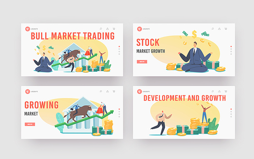 People Trading on Bull Stock Market Landing Page Template Set. Brokers or Traders Characters Analyse Global Fond and Finance for Buying and Selling Bonds on Rising Price. Cartoon Vector Illustration