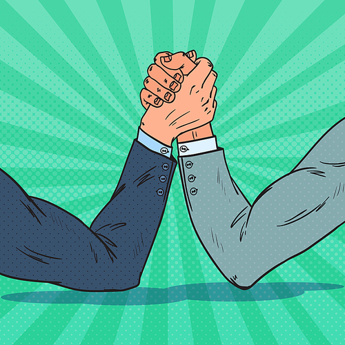 Pop Art Businessman Hands Armwrestling. Business Rivalry. Confrontation at Work. Vector illustration