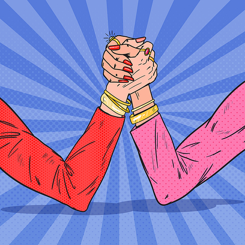 Pop Art Female Hands Armwrestling. Woman Rivalry, Competition, Conflict. Vector illustration