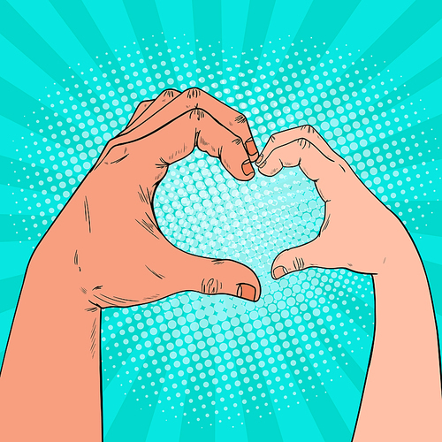 Pop Art Health Care, Charity, Children Donation Concept. Adult and Child Hands make Heart Shape. Vector illustration