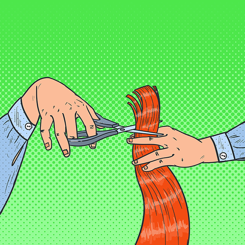 Pop Art Male Hairdressers Hands Cutting Hair with Scissors. Hairstylist, Beauty Salon Barber Shop. Vector illustration