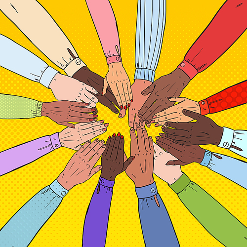 Pop Art Multicultural Hands. Multiethnic People Teamwork. Togetherness, Partnership, Friendship Concept. Vector illustration